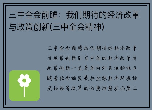三中全会前瞻：我们期待的经济改革与政策创新(三中全会精神)