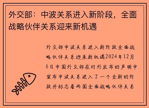 外交部：中波关系进入新阶段，全面战略伙伴关系迎来新机遇