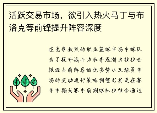 活跃交易市场，欲引入热火马丁与布洛克等前锋提升阵容深度