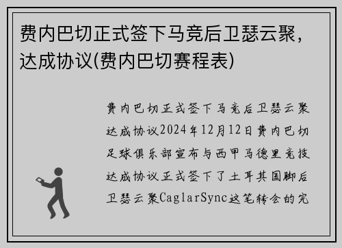 费内巴切正式签下马竞后卫瑟云聚，达成协议(费内巴切赛程表)