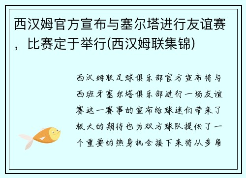 西汉姆官方宣布与塞尔塔进行友谊赛，比赛定于举行(西汉姆联集锦)