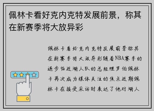 佩林卡看好克内克特发展前景，称其在新赛季将大放异彩