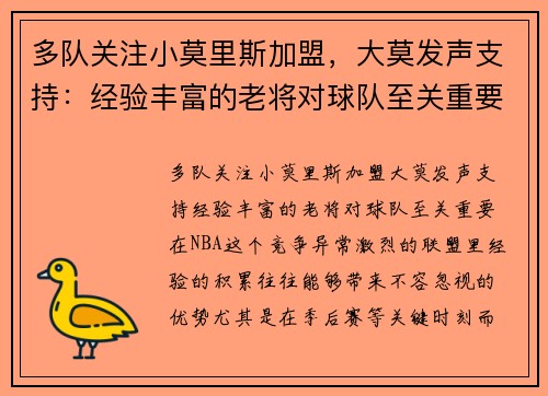 多队关注小莫里斯加盟，大莫发声支持：经验丰富的老将对球队至关重要