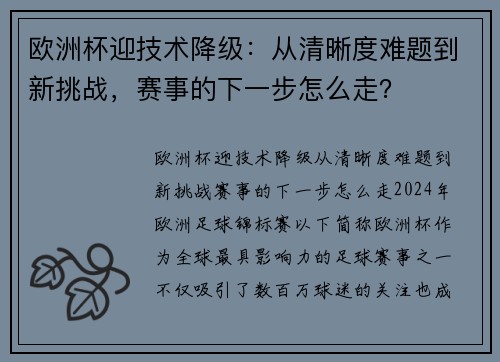 欧洲杯迎技术降级：从清晰度难题到新挑战，赛事的下一步怎么走？