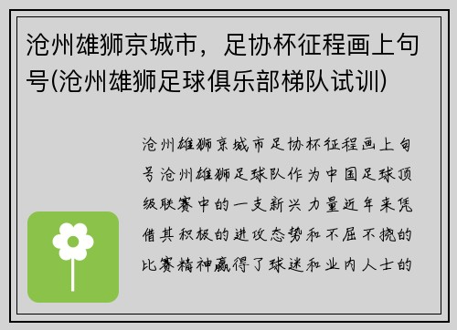 沧州雄狮京城市，足协杯征程画上句号(沧州雄狮足球俱乐部梯队试训)