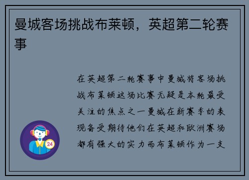 曼城客场挑战布莱顿，英超第二轮赛事