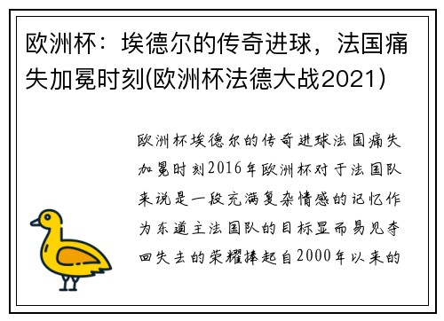 欧洲杯：埃德尔的传奇进球，法国痛失加冕时刻(欧洲杯法德大战2021)