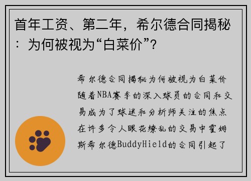 首年工资、第二年，希尔德合同揭秘：为何被视为“白菜价”？