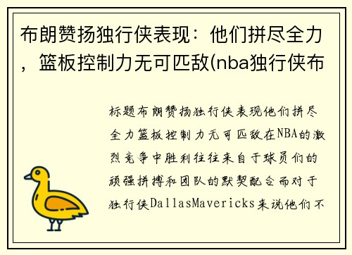 布朗赞扬独行侠表现：他们拼尽全力，篮板控制力无可匹敌(nba独行侠布朗)