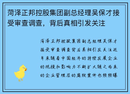 菏泽正邦控股集团副总经理吴保才接受审查调查，背后真相引发关注