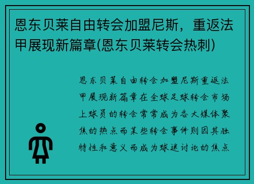 恩东贝莱自由转会加盟尼斯，重返法甲展现新篇章(恩东贝莱转会热刺)