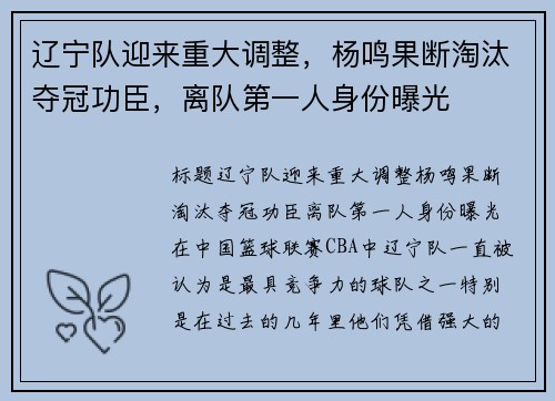 辽宁队迎来重大调整，杨鸣果断淘汰夺冠功臣，离队第一人身份曝光